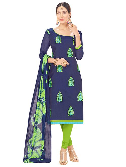 blue chanderi cotton churidaar suits unstitched suit - 14890086 - Standard Image - 1