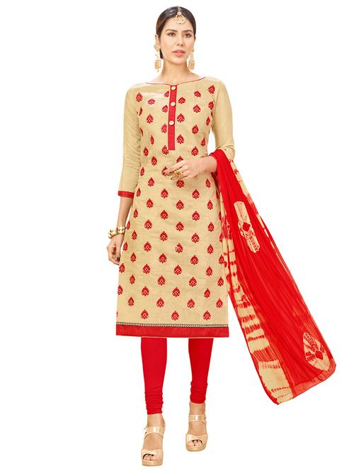 beige chanderi cotton churidaar suits unstitched suit - 14890090 - Very Small Image - 1