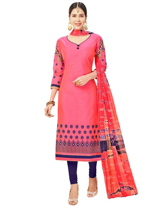 pink chanderi cotton churidaar suits unstitched suit - 14890091 - Standard Image - 1