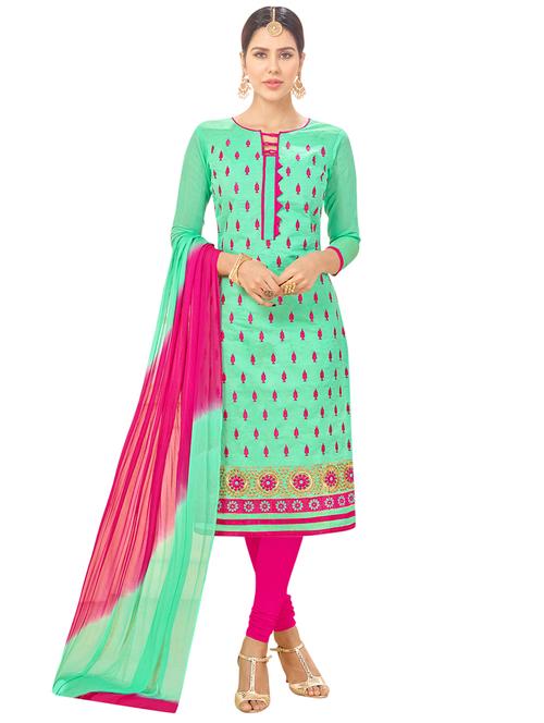 green chanderi cotton churidaar suits unstitched suit - 14890092 - Standard Image - 1
