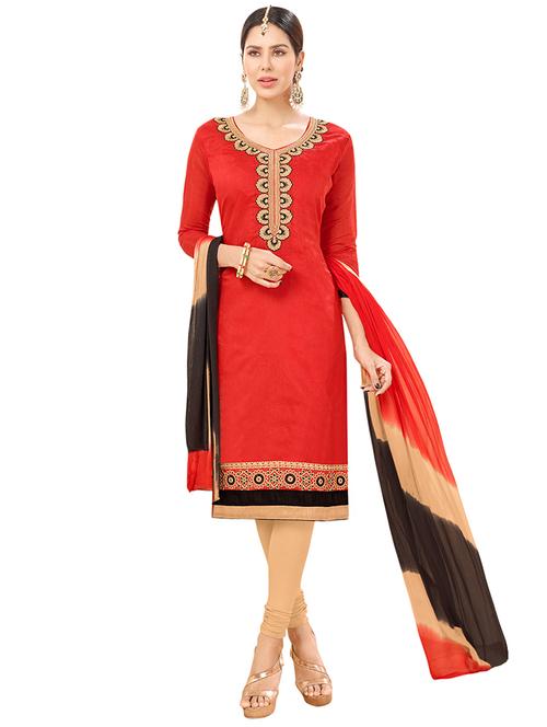 red chanderi cotton churidaar suits unstitched suit - 14890095 - Standard Image - 1