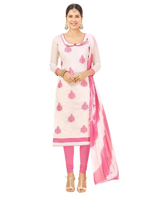 white chanderi cotton churidaar suits unstitched suit - 14890097 - Standard Image - 1