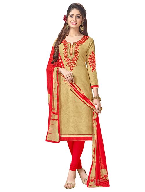 beige cotton churidaar suits unstitched suit - 14890098 - Very Small Image - 1