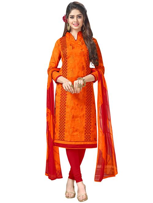orange cotton churidaar suits unstitched suit - 14890105 - Very Small Image - 1