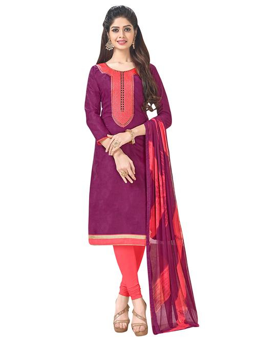 purple cotton churidaar suits unstitched suit - 14890109 - Standard Image - 1