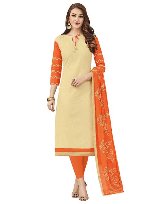 beige cotton churidaar suits unstitched suit - 14890116 - Standard Image - 1