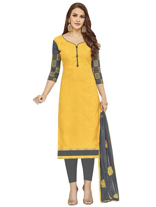 yellow cotton churidaar suits unstitched suit - 14890119 - Standard Image - 1