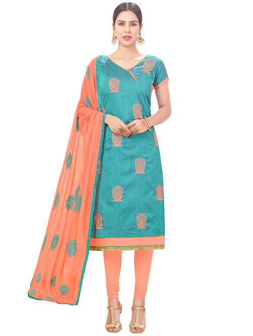 turquoise cotton churidaar suits unstitched suit - 14890126 - Very Small Image - 1