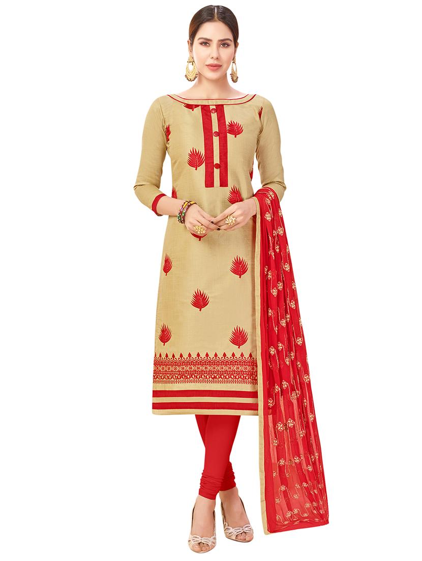beige cotton churidaar suits unstitched suit - 14890128 - Zoom Image - 1