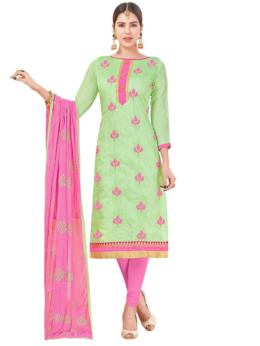 green chanderi cotton churidaar suits unstitched suit - 14890133 - Zoom Image - 1