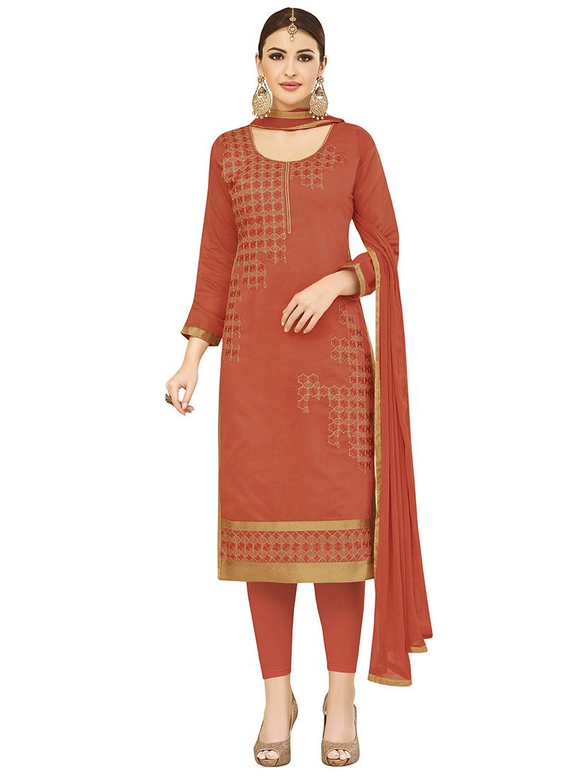 peach cotton churidaar suits unstitched suit - 14890137 - Zoom Image - 1