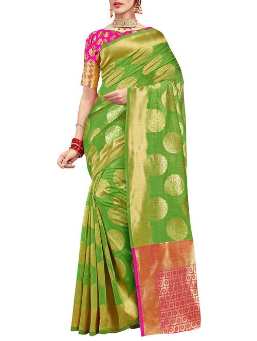 green silk printed saree with blouse - 14890197 - Very Small Image - 1