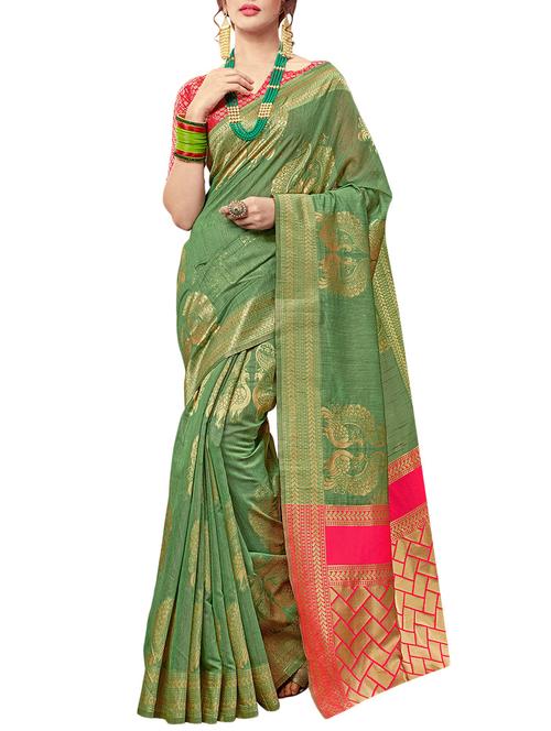 green silk printed saree with blouse - 14890199 - Very Small Image - 1