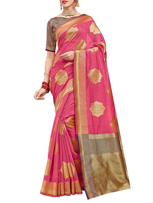 pink silk printed saree with blouse - 14890200 - Very Small Image - 1