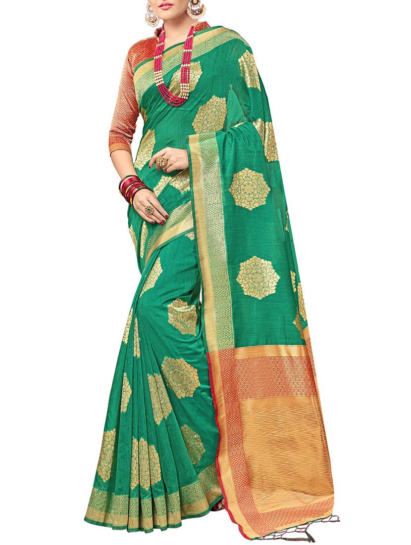 green silk printed saree with blouse - 14890201 - Zoom Image - 1