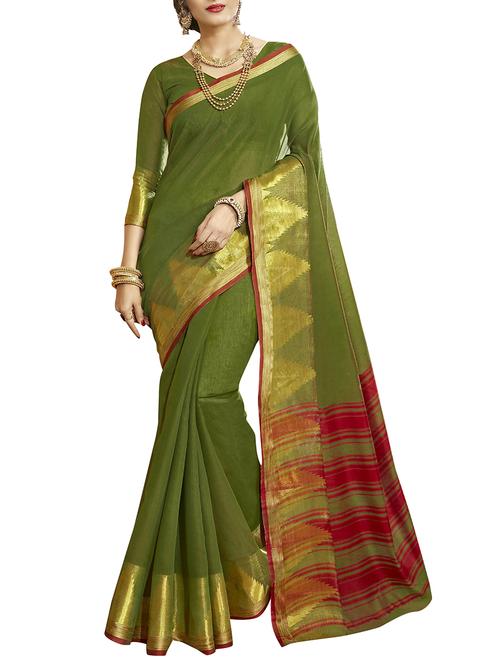 green silk blend bordered saree with blouse - 14890207 - Very Small Image - 1