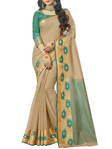 beige silk blend bordered saree with blouse - 14890210 - Very Small Image - 1