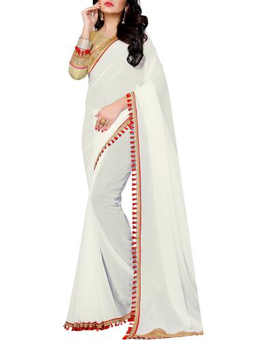 white bordered saree with blouse - 14890229 - Very Small Image - 1