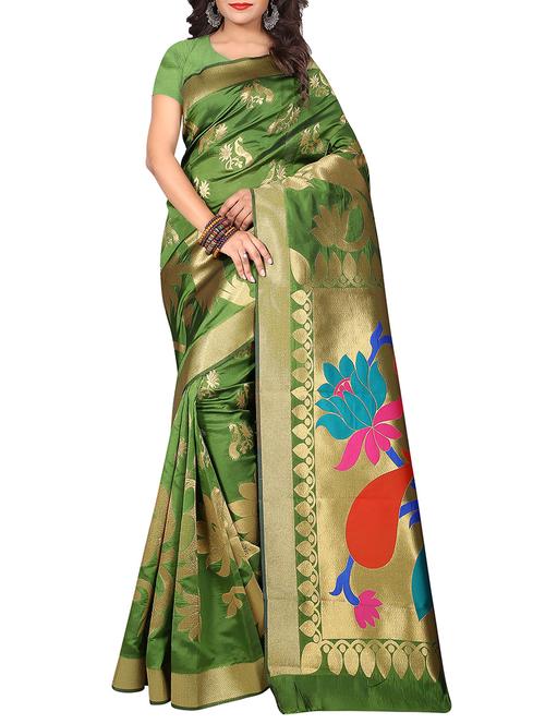 green art silk printed saree with blouse - 14890271 - Very Small Image - 1
