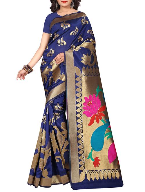 blue art silk printed saree with blouse - 14890273 - Very Small Image - 1