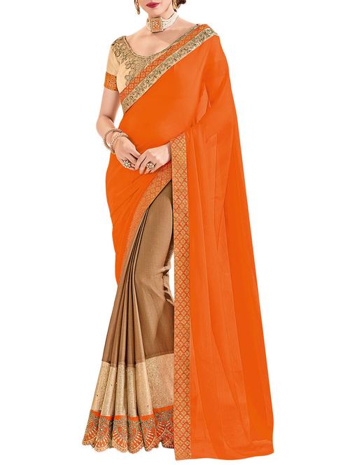 orange colored embroidered saree with blouse - 14890284 - Very Small Image - 1