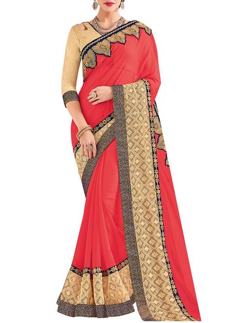 pink georgette embroidered saree with blouse - 14890286 - Very Small Image - 1