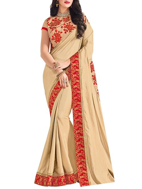 beige silk embroidered saree with blouse - 14890289 - Very Small Image - 1
