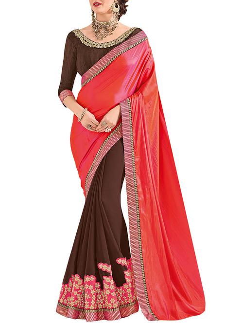 brown colored embroidered saree with blouse - 14890293 - Very Small Image - 1