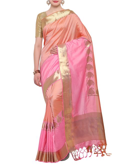peach silk blend woven saree with blouse - 14890368 - Very Small Image - 1