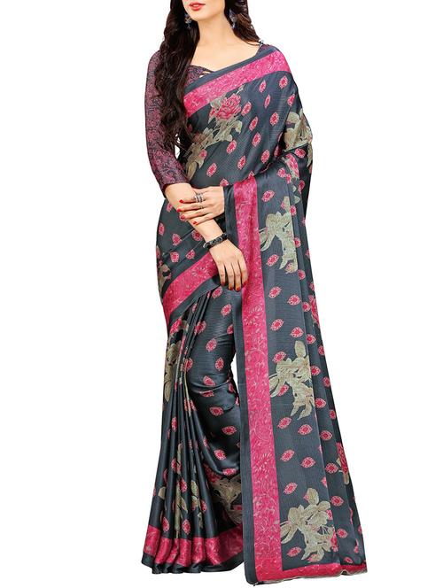 Contrast bordered printed saree with blouse - 14890440 - Very Small Image - 1
