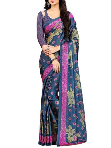 Contrast bordered printed saree with blouse - 14890441 - Very Small Image - 1