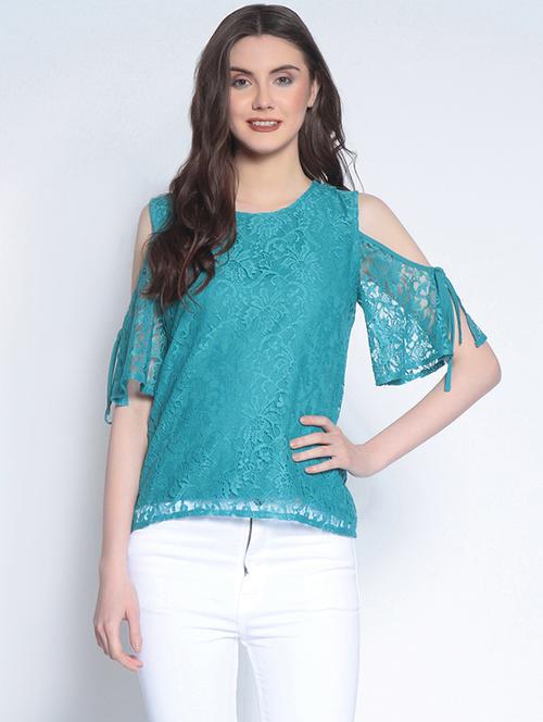 tie up detailed cold shoulder lace top - 14890588 - Standard Image - 1