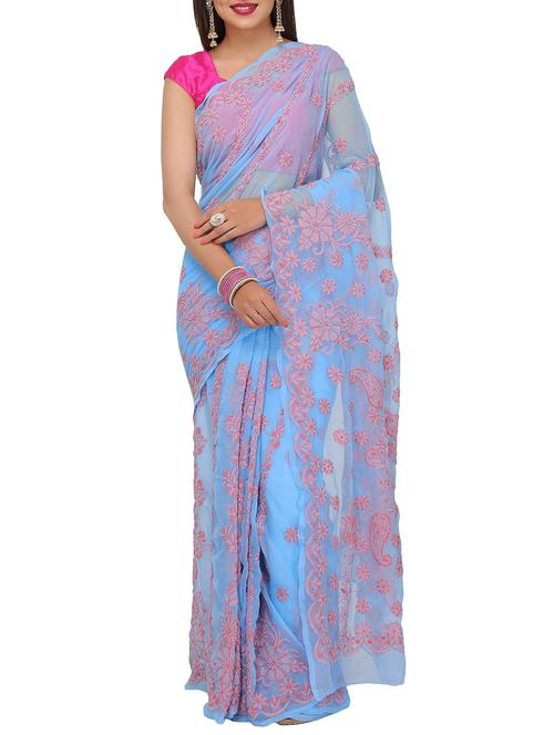 blue georgette chikankari saree with blouse - 14890725 - Very Small Image - 1