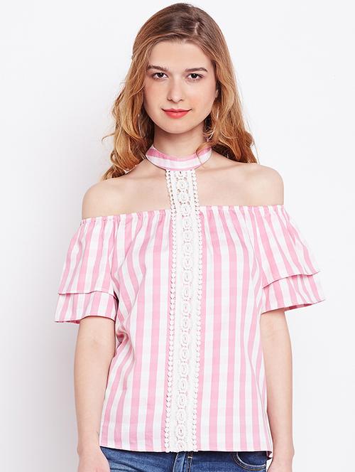 pink striped laced top - 14890803 - Standard Image - 1