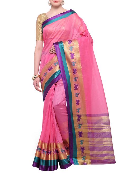 pink cotton blend bordered saree with blouse - 14890867 - Very Small Image - 1