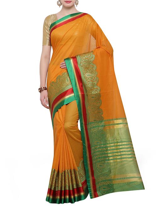 mustard cotton blend bordered saree with blouse - 14890868 - Very Small Image - 1