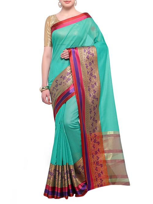turquoise cotton blend bordered saree with blouse - 14890869 - Very Small Image - 1