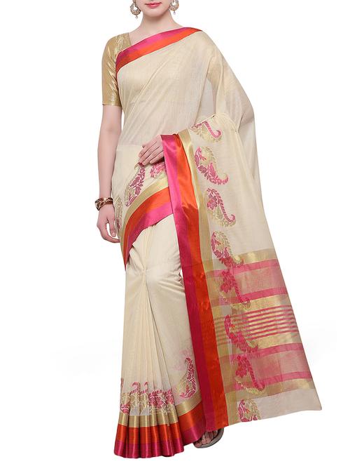 cream cotton blend bordered saree with blouse - 14890871 - Very Small Image - 1