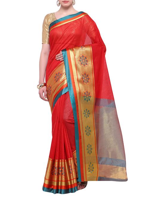red cotton blend bordered saree with blouse - 14890873 - Very Small Image - 1