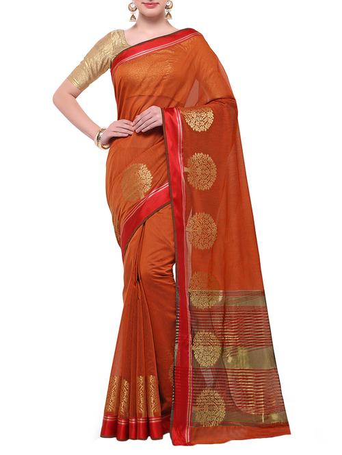 orange cotton blend bordered saree with blouse - 14890878 - Standard Image - 1