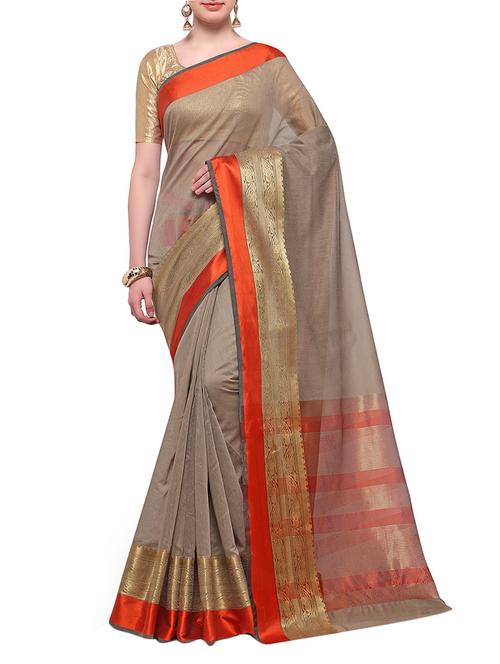 grey cotton blend bordered saree with blouse - 14890882 - Standard Image - 1