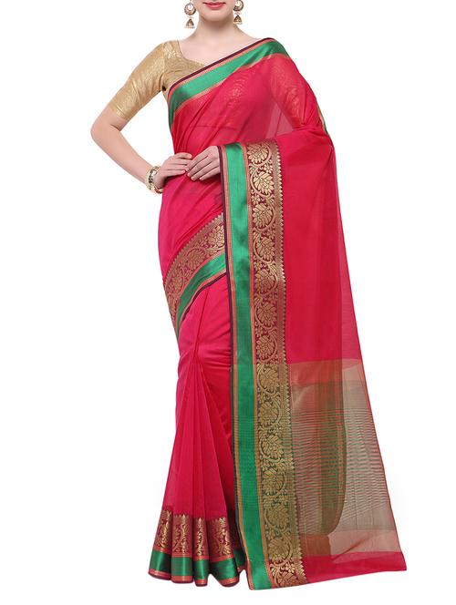 pink cotton blend bordered saree with blouse - 14890886 - Standard Image - 1