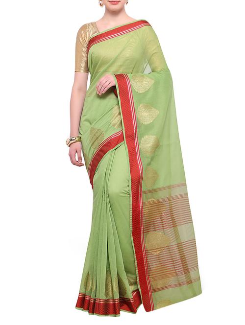 green cotton blend bordered saree with blouse - 14890892 - Very Small Image - 1