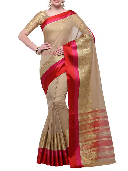 cream cotton blend bordered saree with blouse - 14890902 - Very Small Image - 1