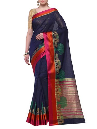 blue cotton blend bordered saree with blouse - 14890903 - Very Small Image - 1