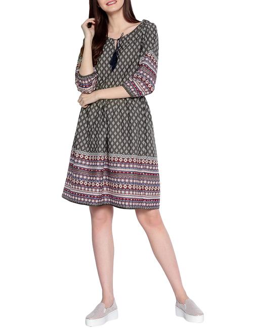 Tassel tie neck gathered waist dress - 14891669 - Very Small Image - 1