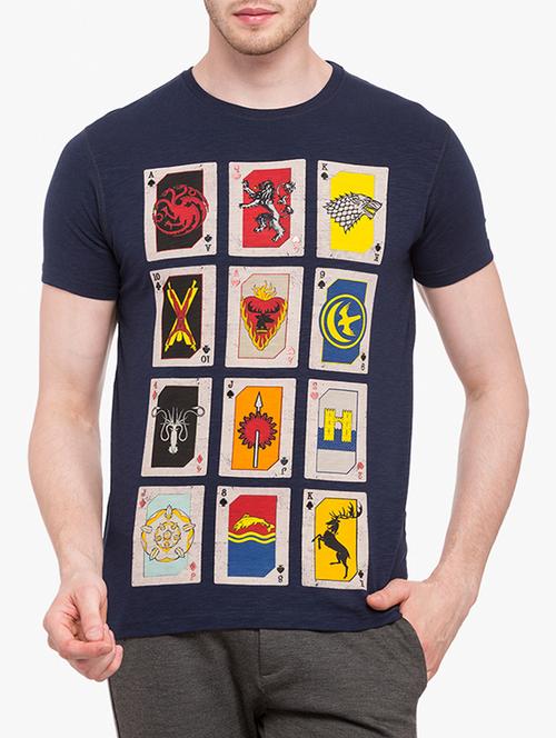 navy blue cotton front print tshirt - 14891819 - Standard Image - 1
