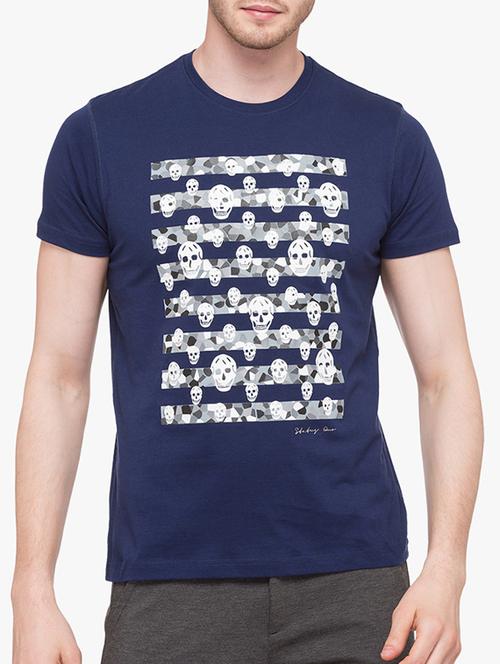 navy blue cotton chest print t-shirt - 14891850 - Standard Image - 1