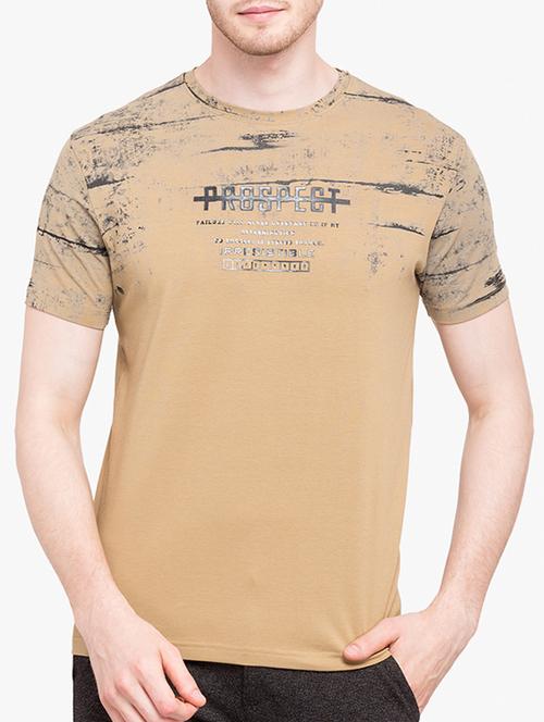 beige cotton chest print tshirt - 14891863 - Very Small Image - 1