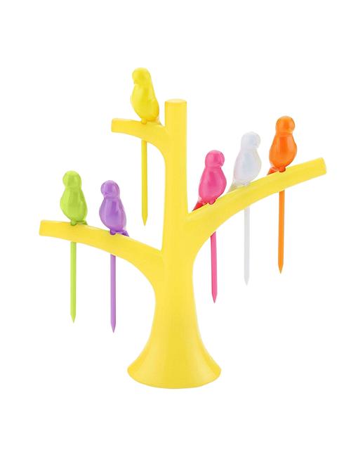 Birdie Plastic Fruit Fork Set, 6-Pieces with stand, Multicolored - 14892330 - Very Small Image - 1